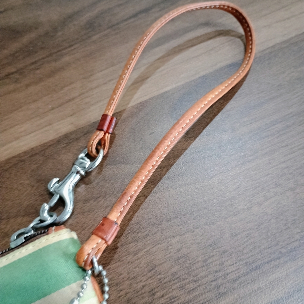 Coach Striped Leather Wristlet - Green and Tan - Picture 6 of 8